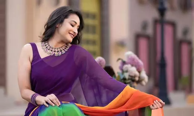 Bhanu Sree Stuns in Rainbow Saree on Instagram
