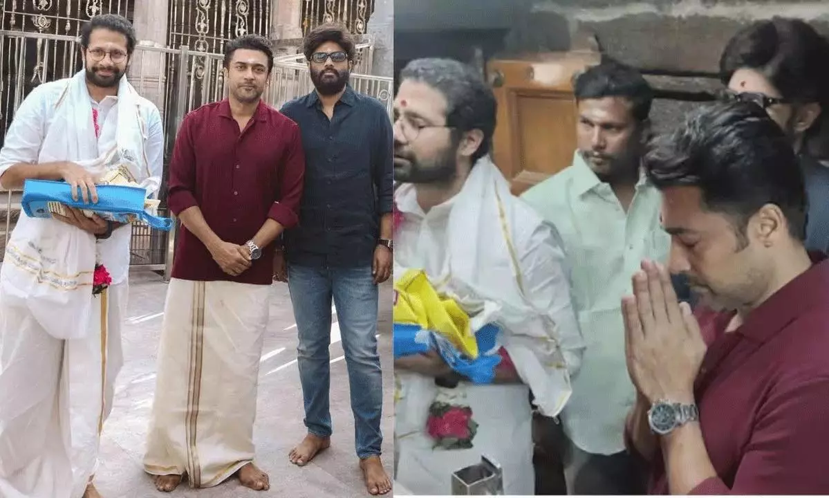 Suriya, Venky Atluri, Naga Vamsi Seek Divine Blessings before Shoot in Tamil Nadu