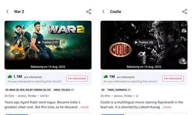War 2 Overtakes Coolie On BookMyShow Charts