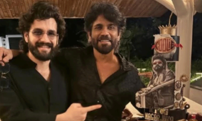 Akhil Akkineni Celebrates Coolie Success With Nagarjuna