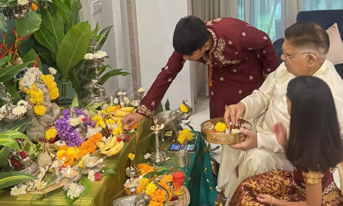 Allu Aravind With Ayaan Arha, Vinayaka Pooja Pics Explode