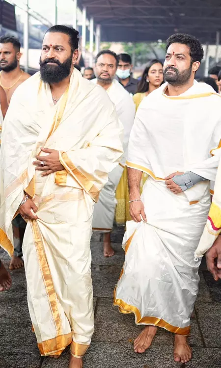 Jr NTR and Rishab Shetty Seek Blessings at Kolluru Temple with Family