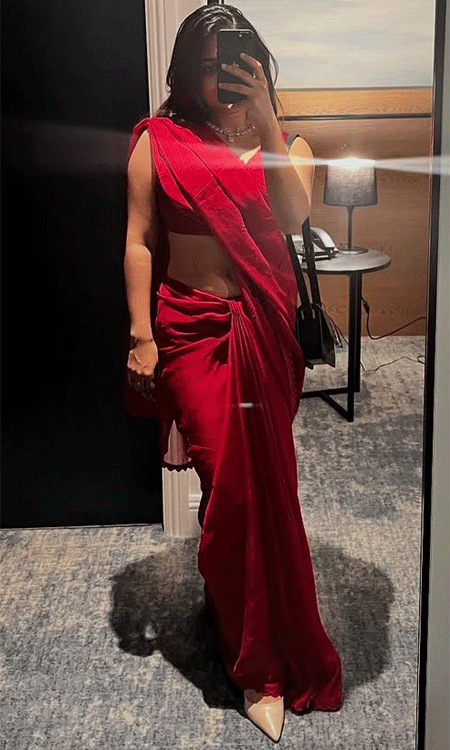 Esther Anil Glows in Red Charm with a Balloon Touch