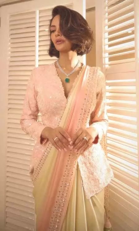 Esha Gupta Wows in Pastel Ombre Saree and Jacket at WAVE Summit 2025