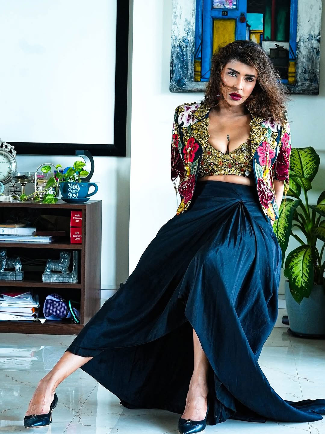 Lakshmi Manchu in Aubergine Lapel Jacket Set with Crop Top and Flared Pants main image 1