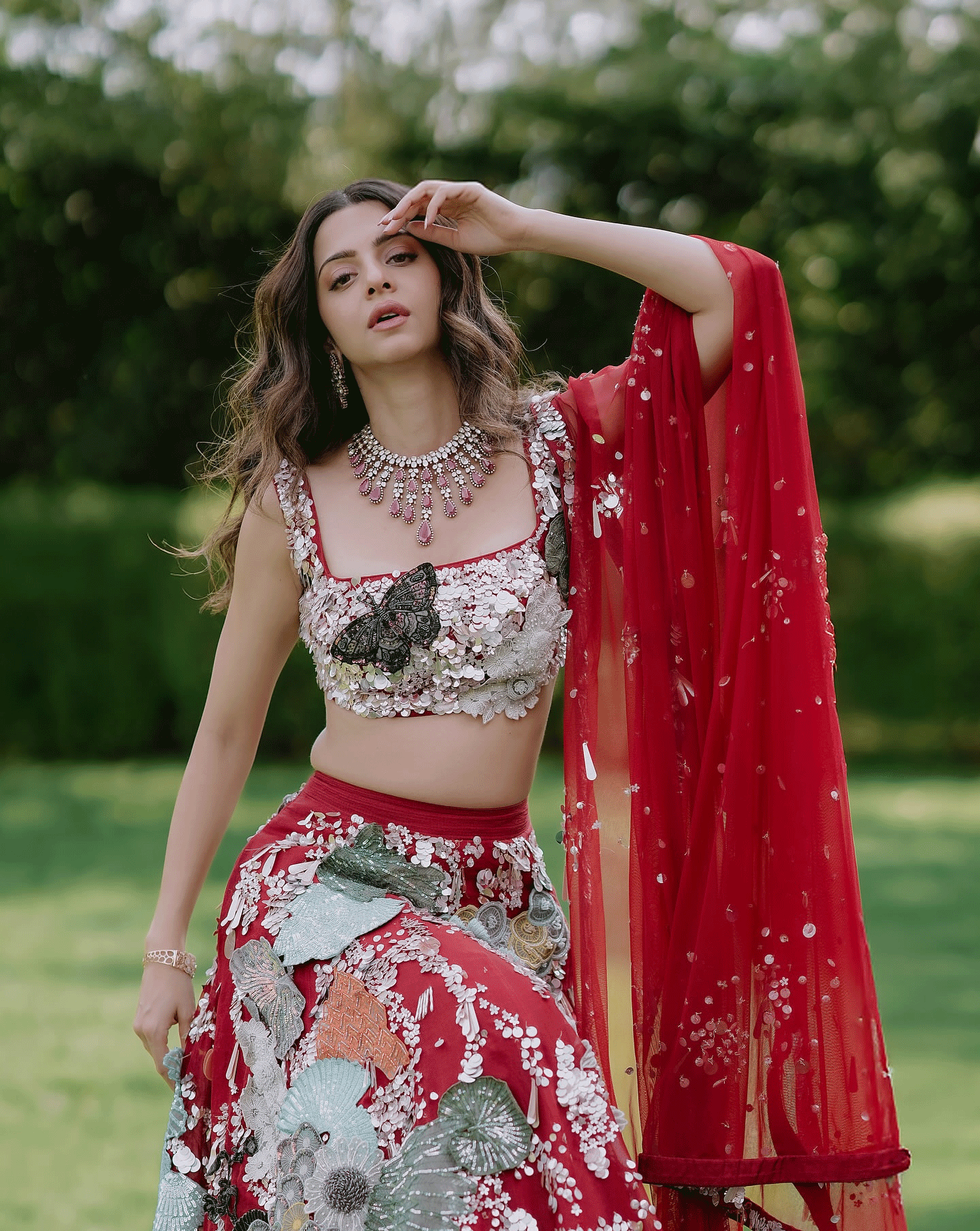 Vedhika Slays in Red Embroidered Lehenga in Her Latest Reel