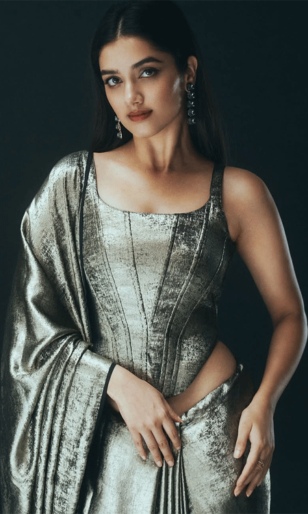 Bhagyashri Borse Dazzles in Textured Metallic Saree