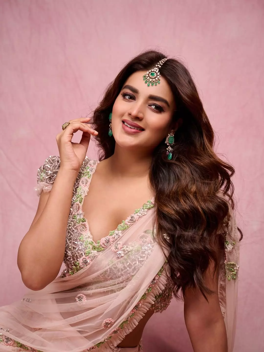 Nidhhi Agerwal Radiates Elegance in a Floral Embellished Pink Saree