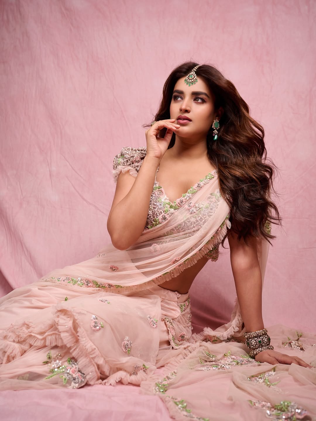 Nidhhi Agerwal Radiates Elegance in a Floral Embellished Pink Saree