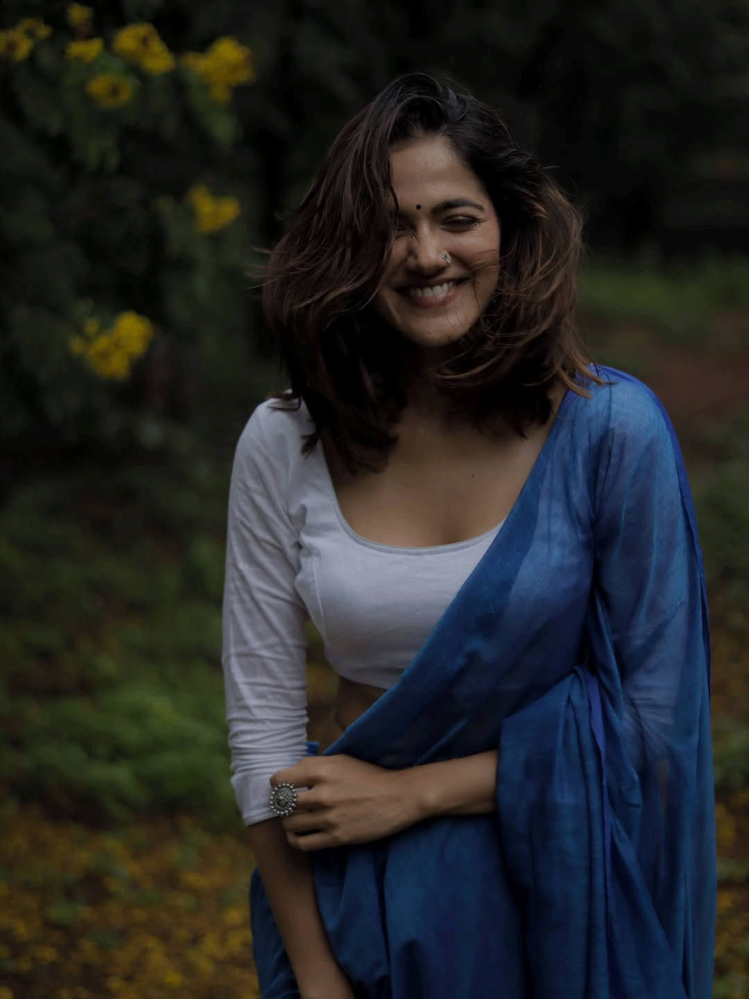 Simran Choudhary Enjoys the Monsoon Magic in Blue Saree Simran Choudhary Enjoys the Monsoon Magic in Blue Saree