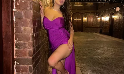 Neha Malik Behind-the-Scenes Purple Dress Look