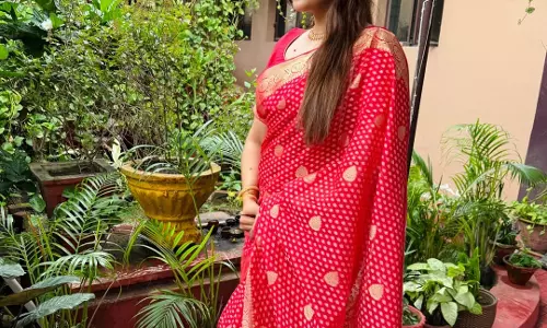 Pujita Ponnada Celebrates Varalakshmi Vratam in a Red Saree
