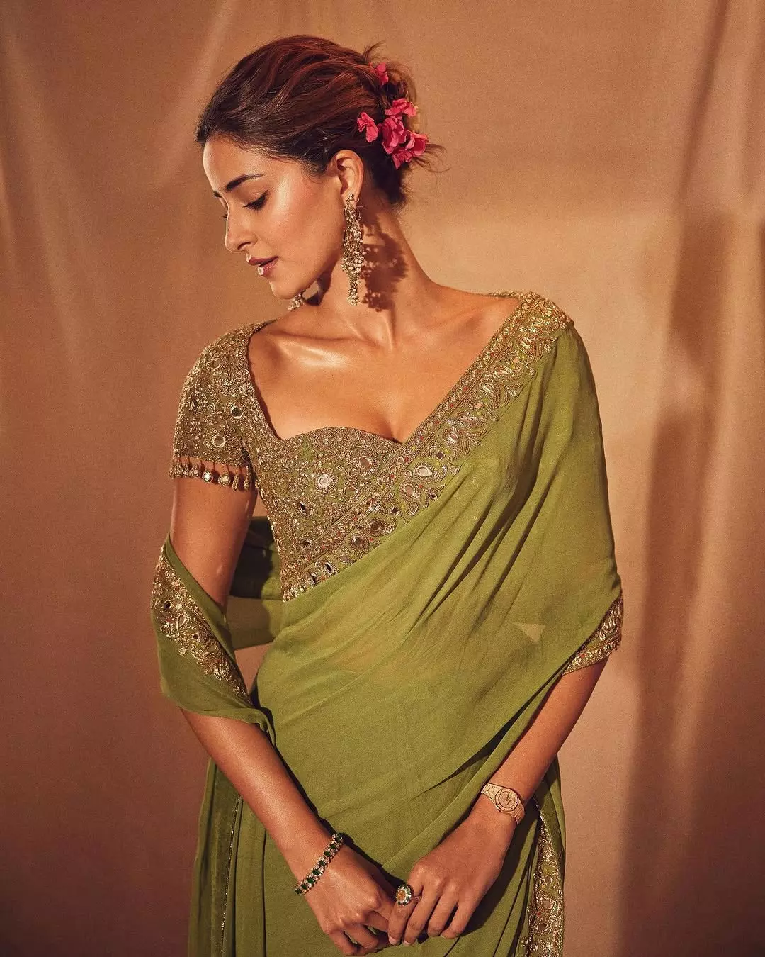 Ananya Panday Dazzling in Green Saree Festive Season Look