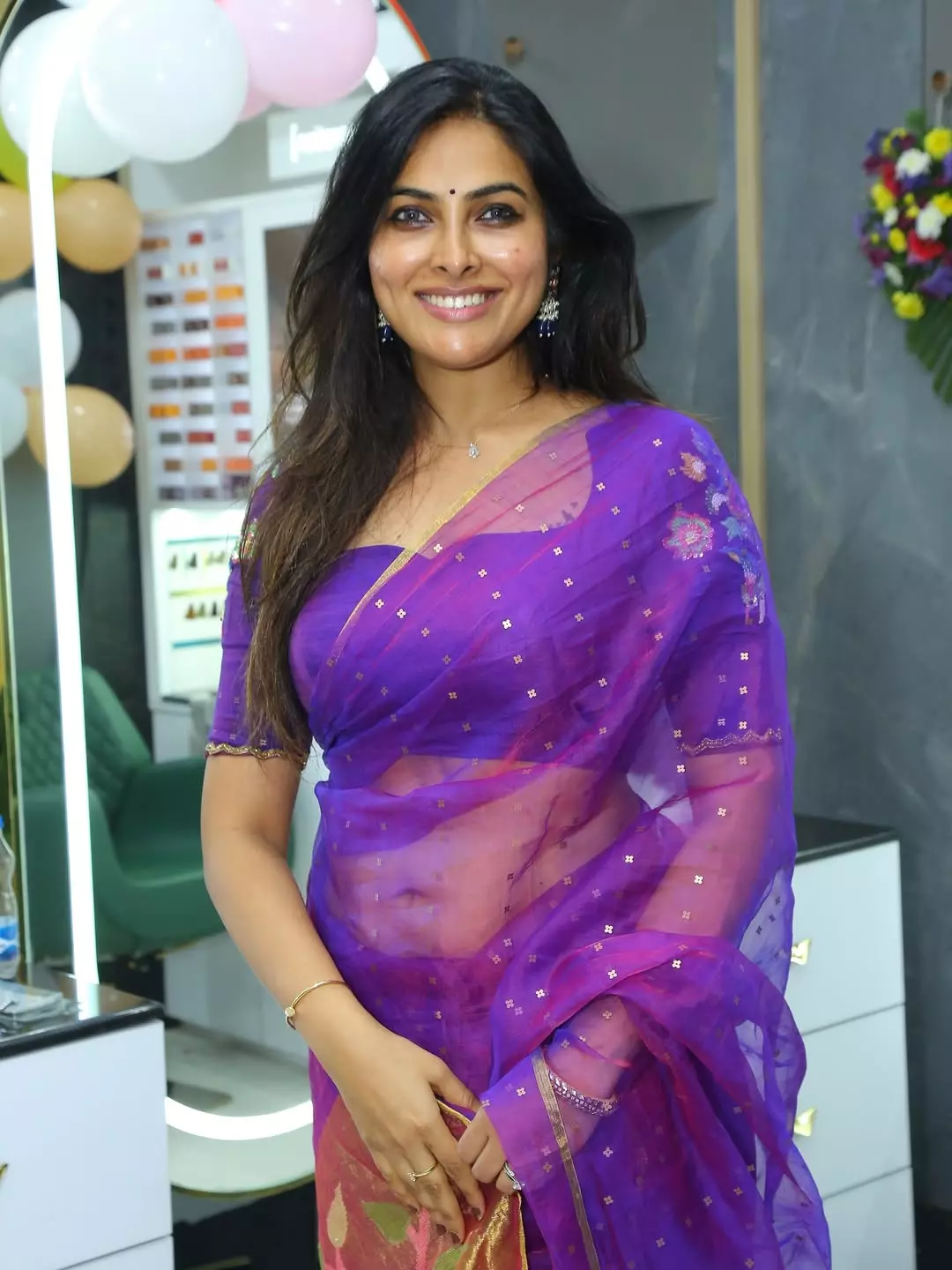Divi Vadthya Dazzles in Purple Saree at SRH Salon Opening
