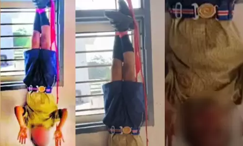 హోం వర్క్  చేయలేదని తలకిందులుగా వేలాడదీసి..