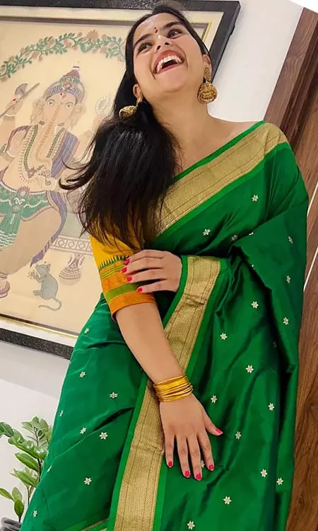 Kavya Kalyanram Glows in Vibrant Green Saree for Diwali