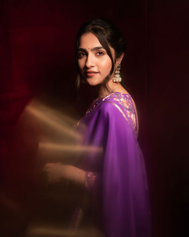 Rukmini Vasanth Stuns in Purple Silk Saree with Vintage Charm