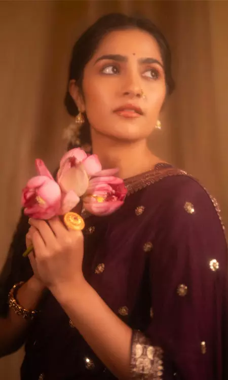 Rukmini Vasanth Stuns in Purple Silk Saree with Vintage Charm