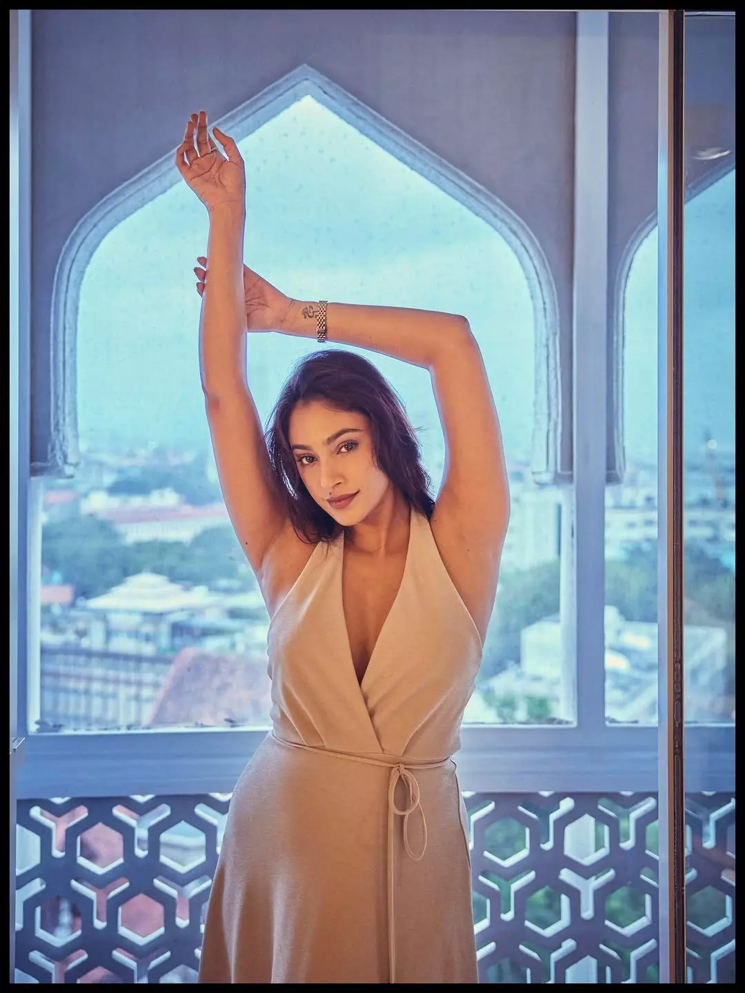 anukreethy vas stuns in chic beige halter dress in bombae throwback