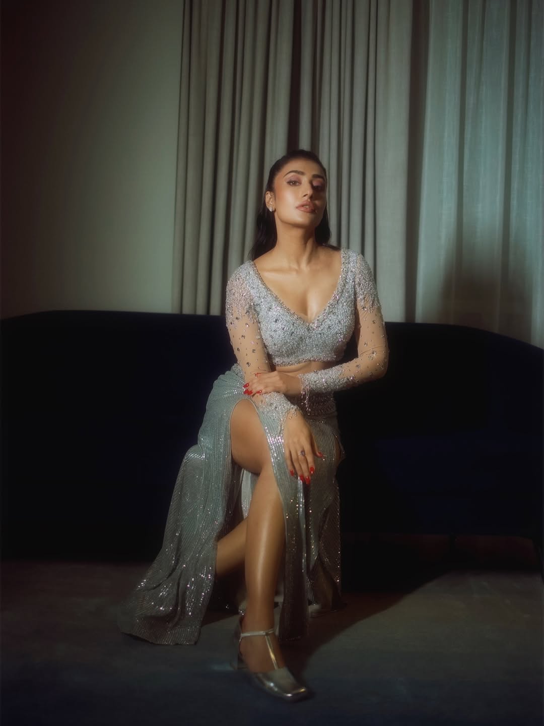 Dhanashree Verma Shines in Light-Colored Crop Top and High-Slit Skirt