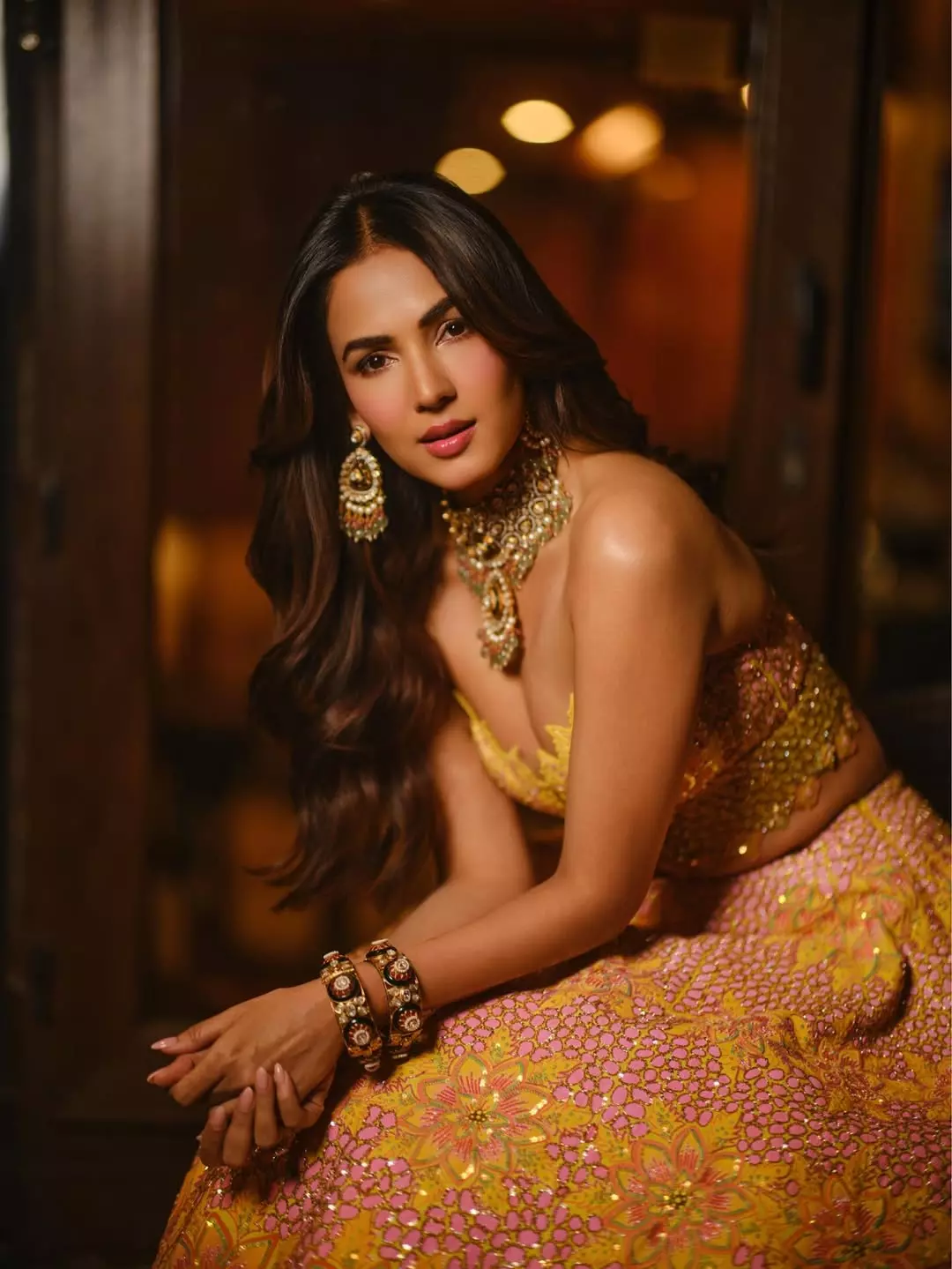 Sonal Chauhan Shines in Yellow Floral Silk Lehenga Sonal Chauhan Shines in Yellow Floral Silk Lehenga