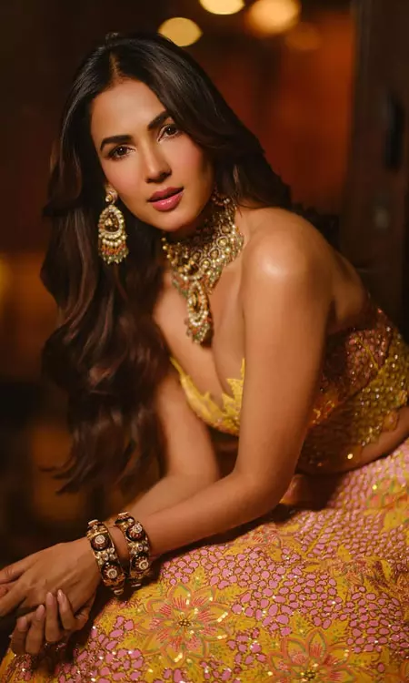 Sonal Chauhan Shines in Yellow Floral Silk Lehenga