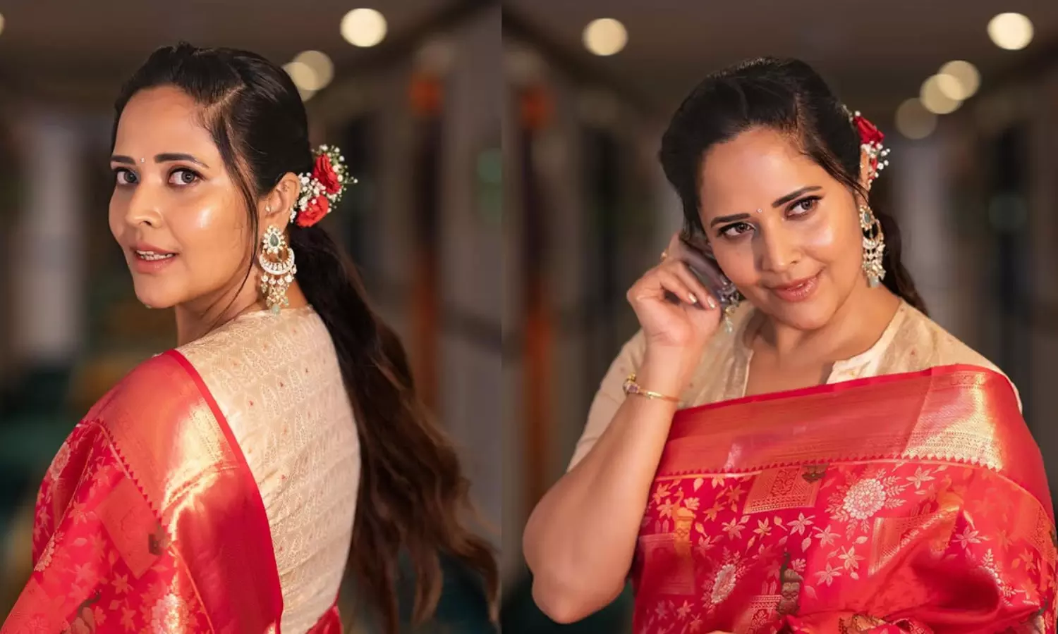 40ల్లో కూడా 20లా.. పట్టుచీరలో కట్టిపడేస్తున్న అనసూయ! 40ల్లో కూడా 20లా.. పట్టుచీరలో కట్టిపడేస్తున్న అనసూయ!