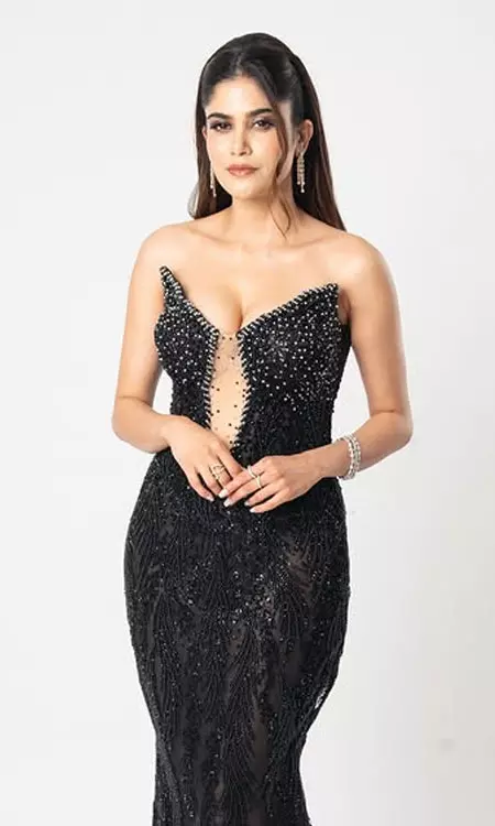 Aaditi Pohankar Stuns in Black Strapless Beaded Gown