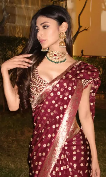 Mouni Roy Glows in Wine-Maroon Banarasi Saree