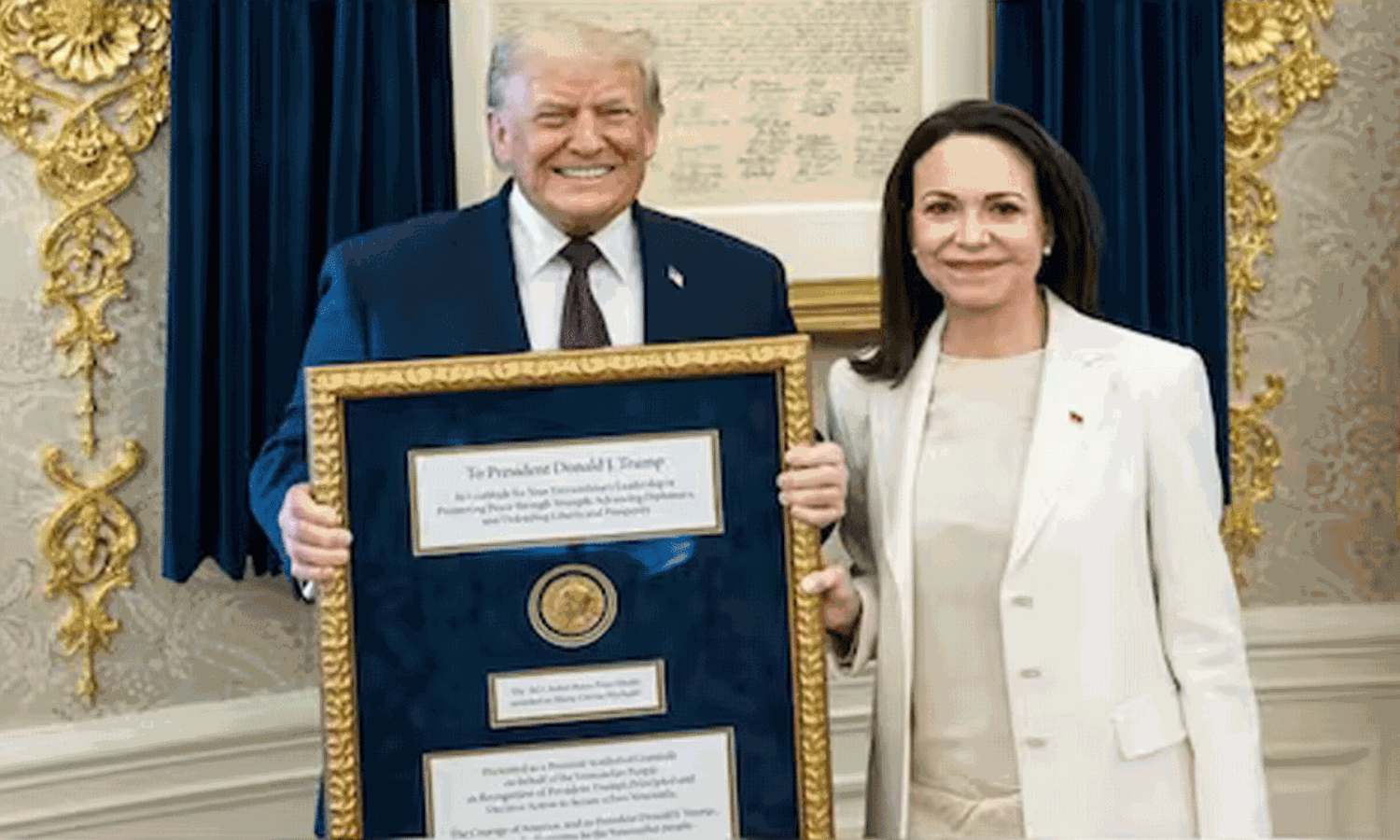 ట్రంప్ నోబెల్ మోజు తీర్చిన మచాడో.. వైట్ హౌస్ లో ఇచ్చేసింది