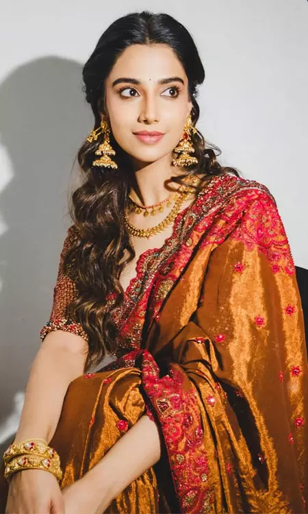 Meenakshi Chaudhary Stuns in Traditional Kanchipuram Silk Saree Photoshoot