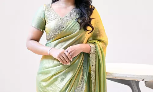 Nayan Sarika Stuns in Lime-Green Silk Saree Photoshoot