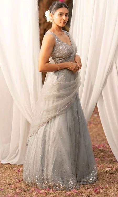 Sapthami Gowda’s Ethereal Grace in Grey Elegance