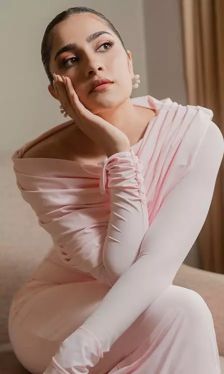 Rukmini Vasanth Stuns in a Dreamy Pink Off-Shoulder Gown