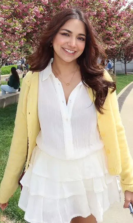 Jiyaa Shankar Stuns in Fresh White Dress Under Pink Blossoms