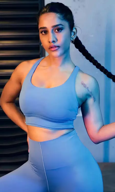 Sleek and Sporty: Nabha Natesh Captivates Fans in Powder-Blue Outfit