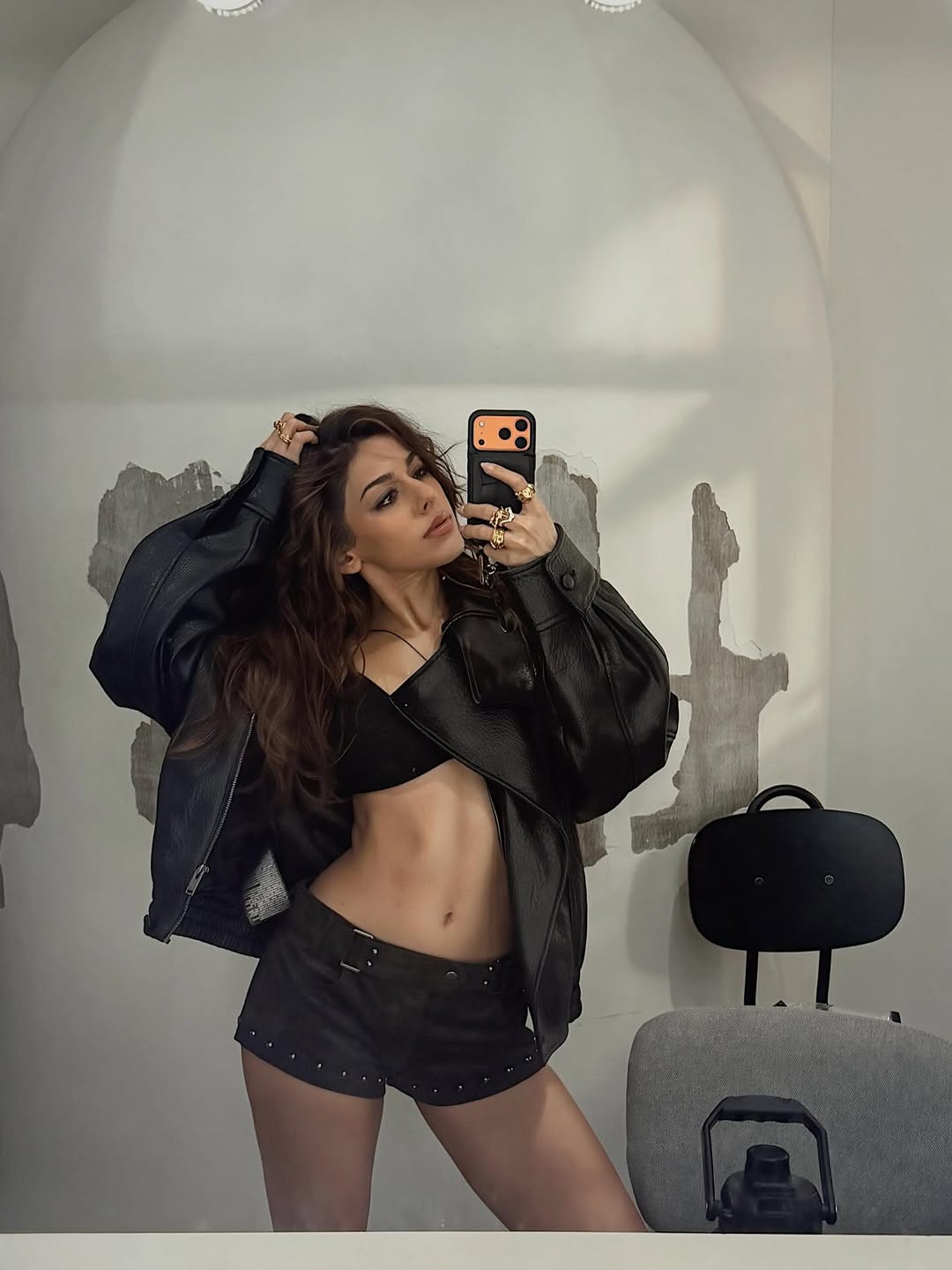 Alaya F Turns Up the Edge in a Striking Leather-Jacket Mirror Selfie