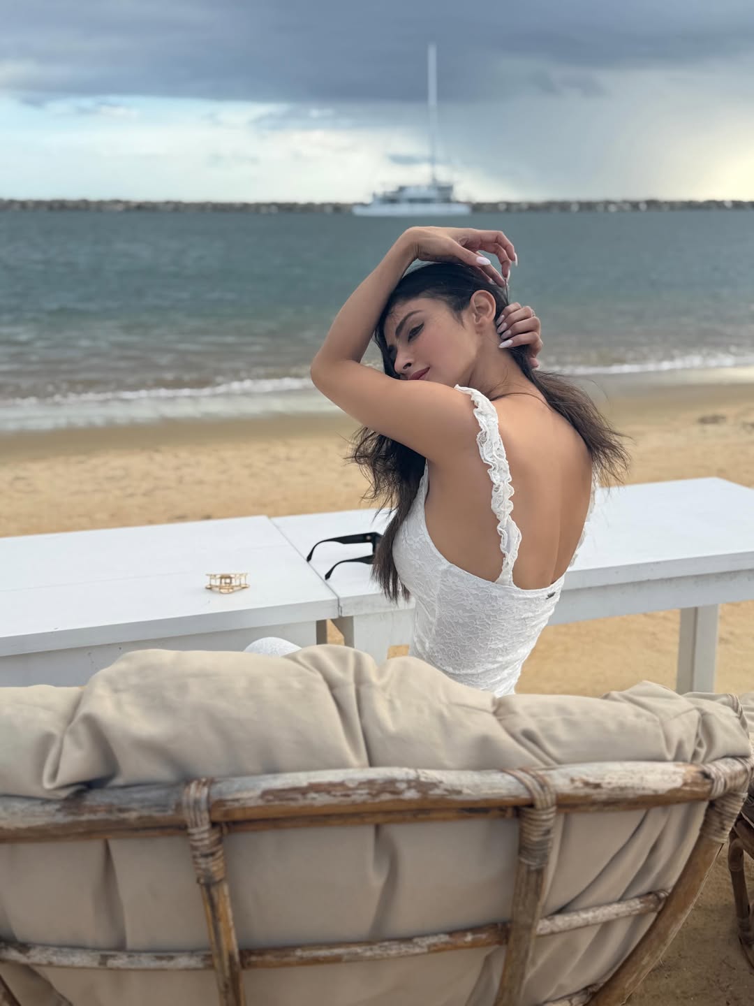 Mouni Roy Stuns in Sunset Beach Look Wearing Elegant White Lace Dress