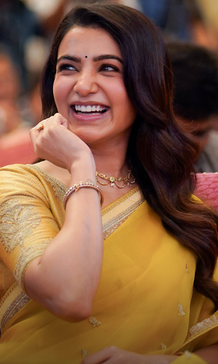 Samantha Ruth Prabhu Shines in Vibrant Yellow Saree at Maa Inti Bangaaram Event