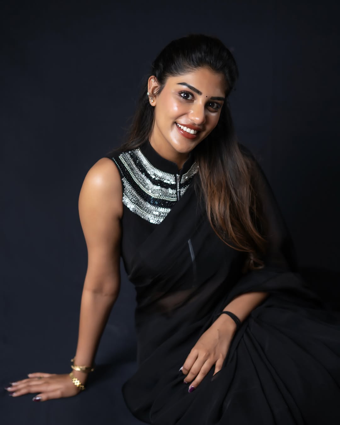 Bandaru Supritha Stuns in Elegant Black Saree Photoshoot