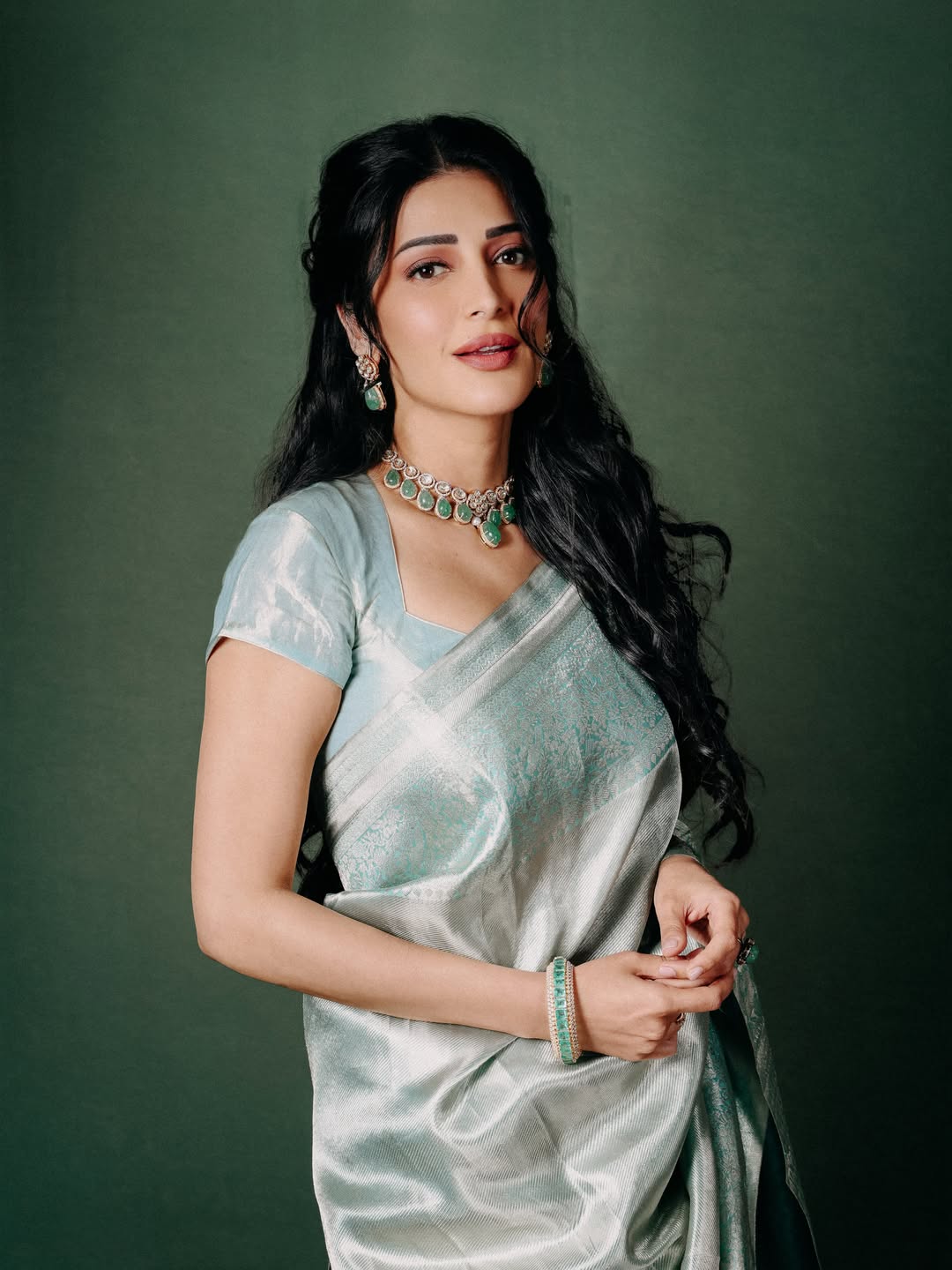 Shruti Haasan Looks Regal in Stunning Sage Green Saree Look