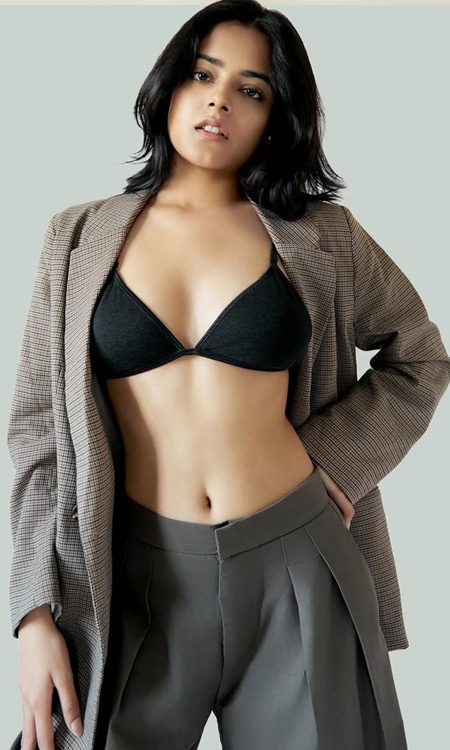 Riddhi Kumar Serves Modern Elegance in Black Bralette and Checkered Blazer