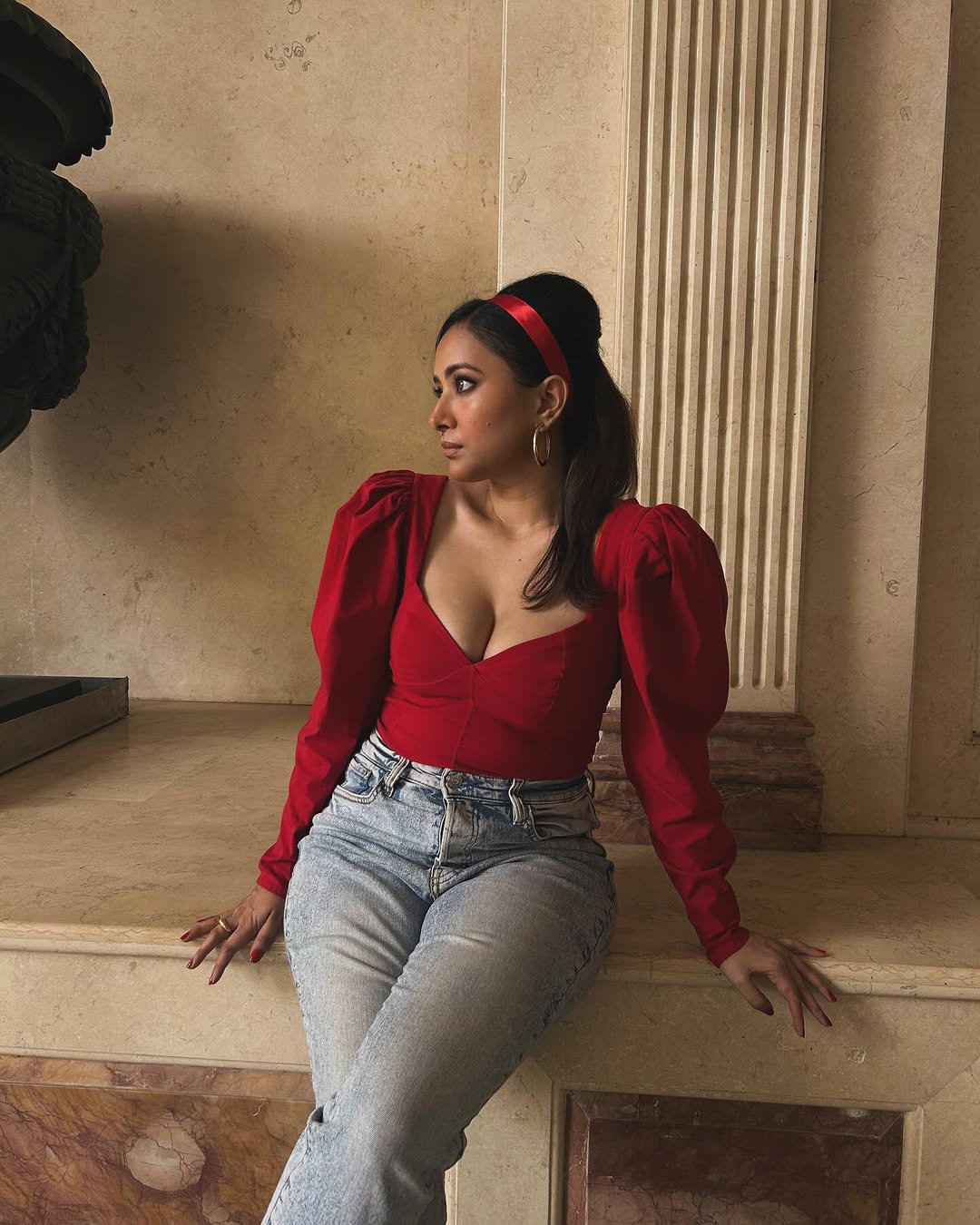 Shweta Basu Prasad Exudes Elegance in Red Puff Sleeve Top and Jeans