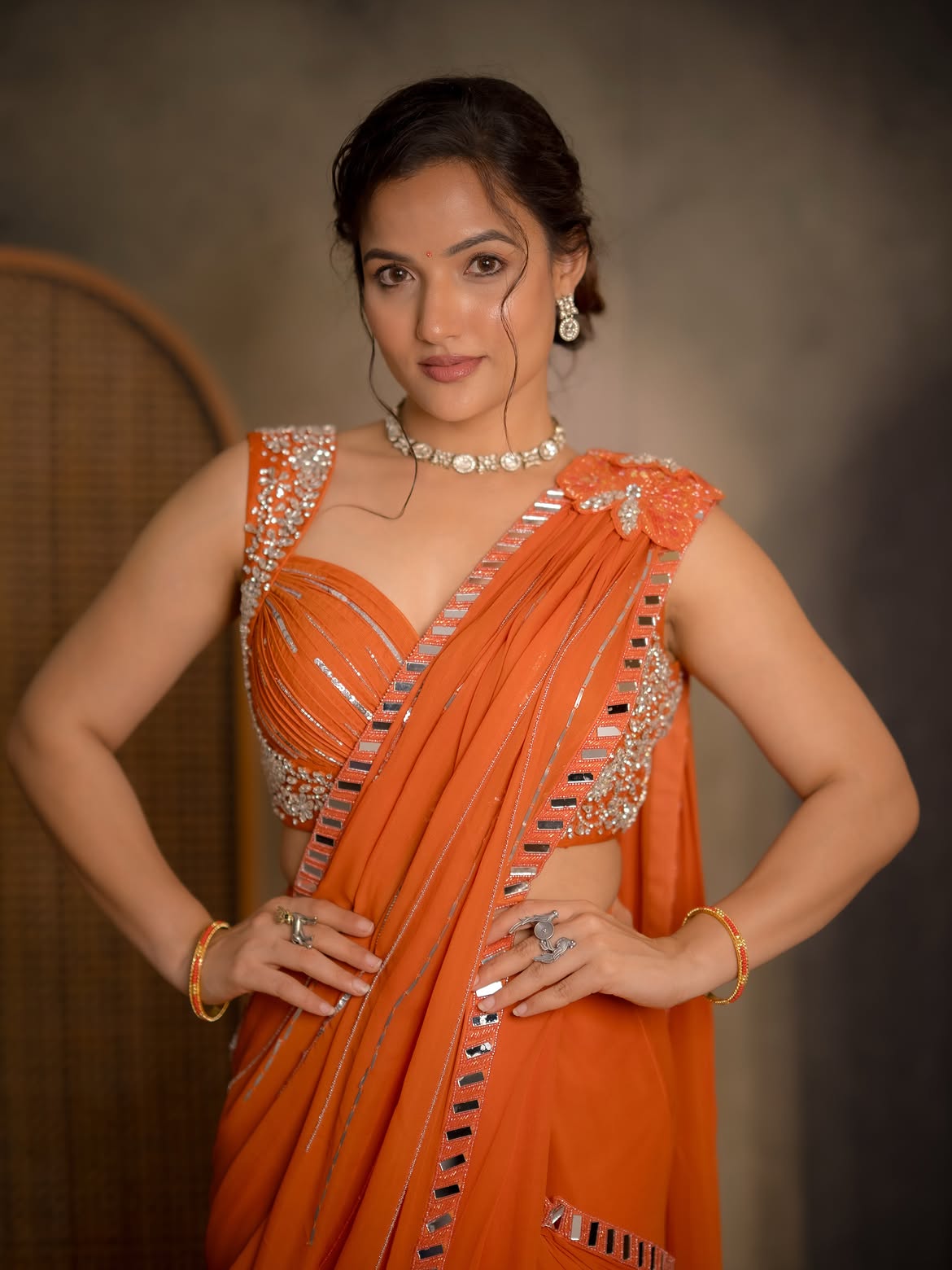 Siri Hanumanthu Looks Stunning In A Royal Orange Saree Photoshoot