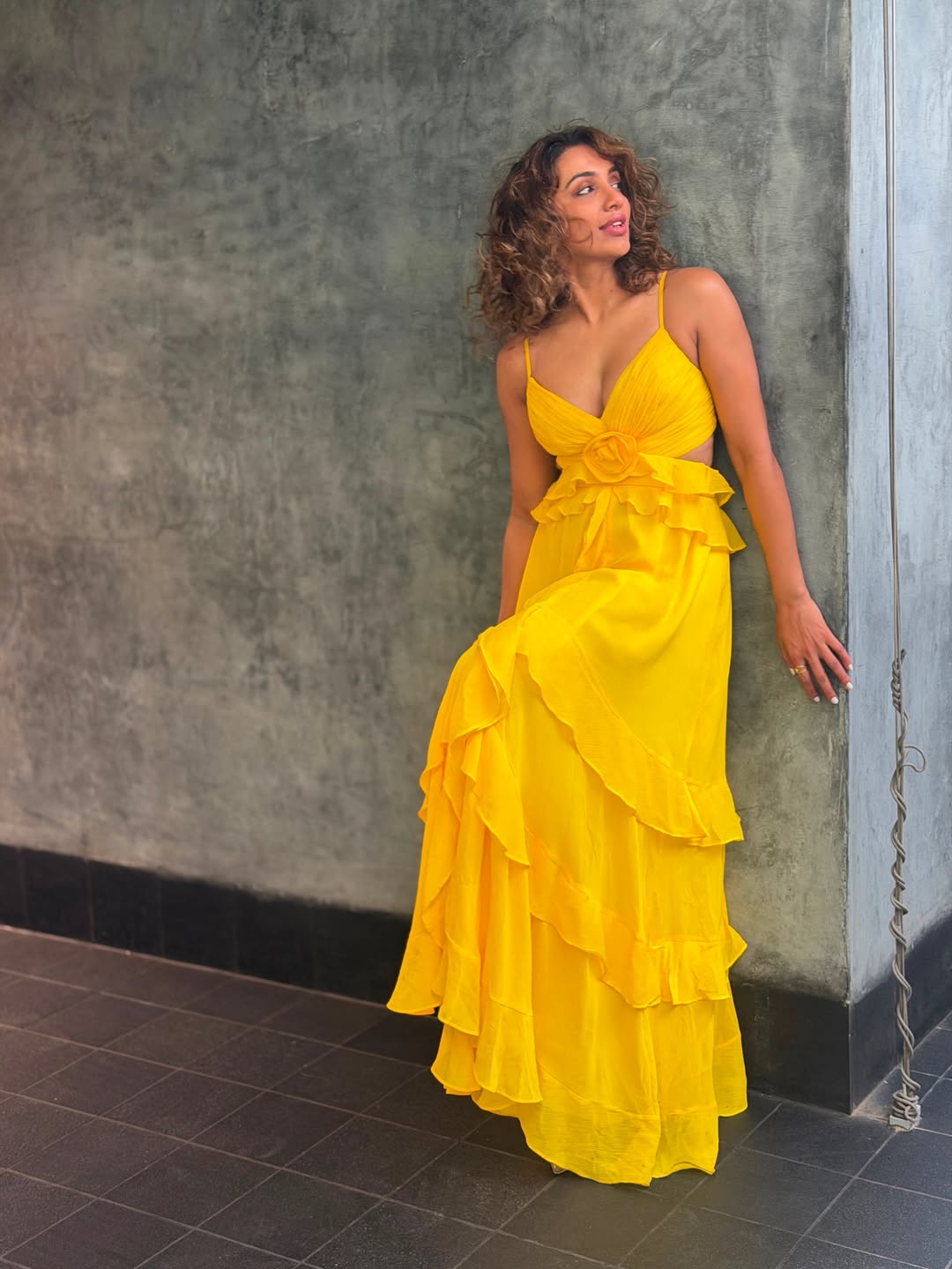 Tejaswi Madivada Radiates Sunshine Elegance in Yellow Tiered Dress