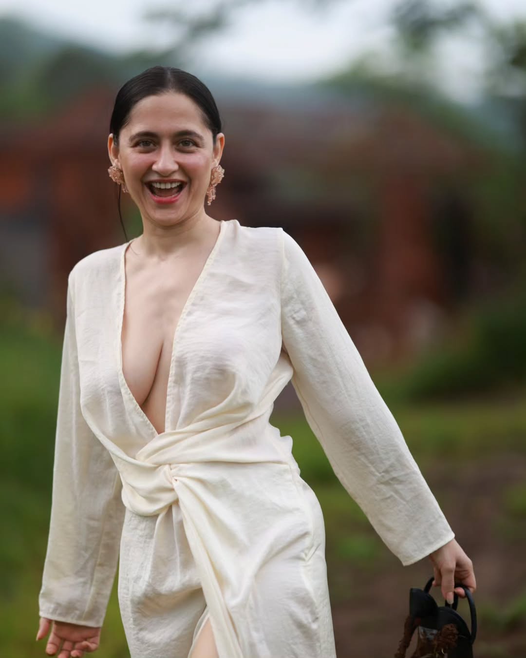 Sanjeeda Shaikh Looks Stunning in a Chic Cream Wrap Dress