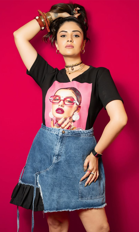 Sreemukhi Trendy Denim Mini Skirt Look