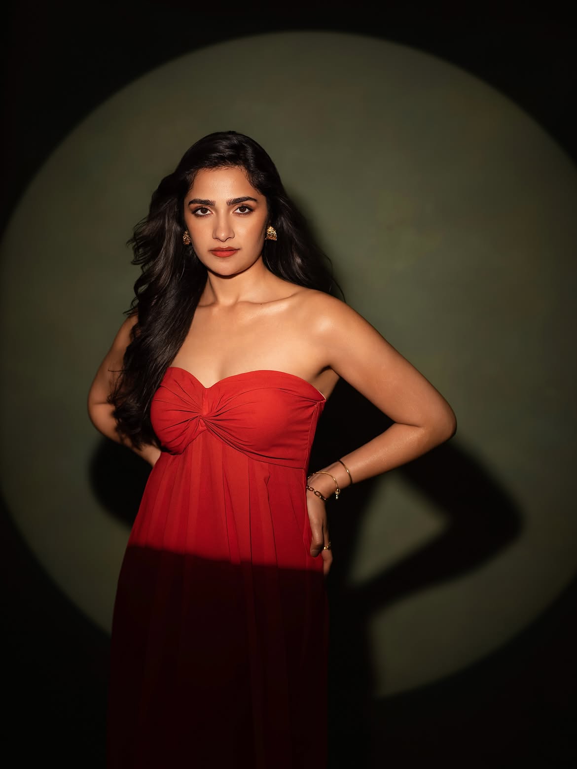 Rukmini Vasanth Stuns in an Elegant Red Strapless Gown