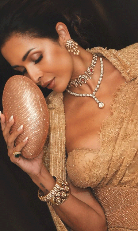 Malaika Arora Stuns in a Glamorous Champagne-Gold Saree