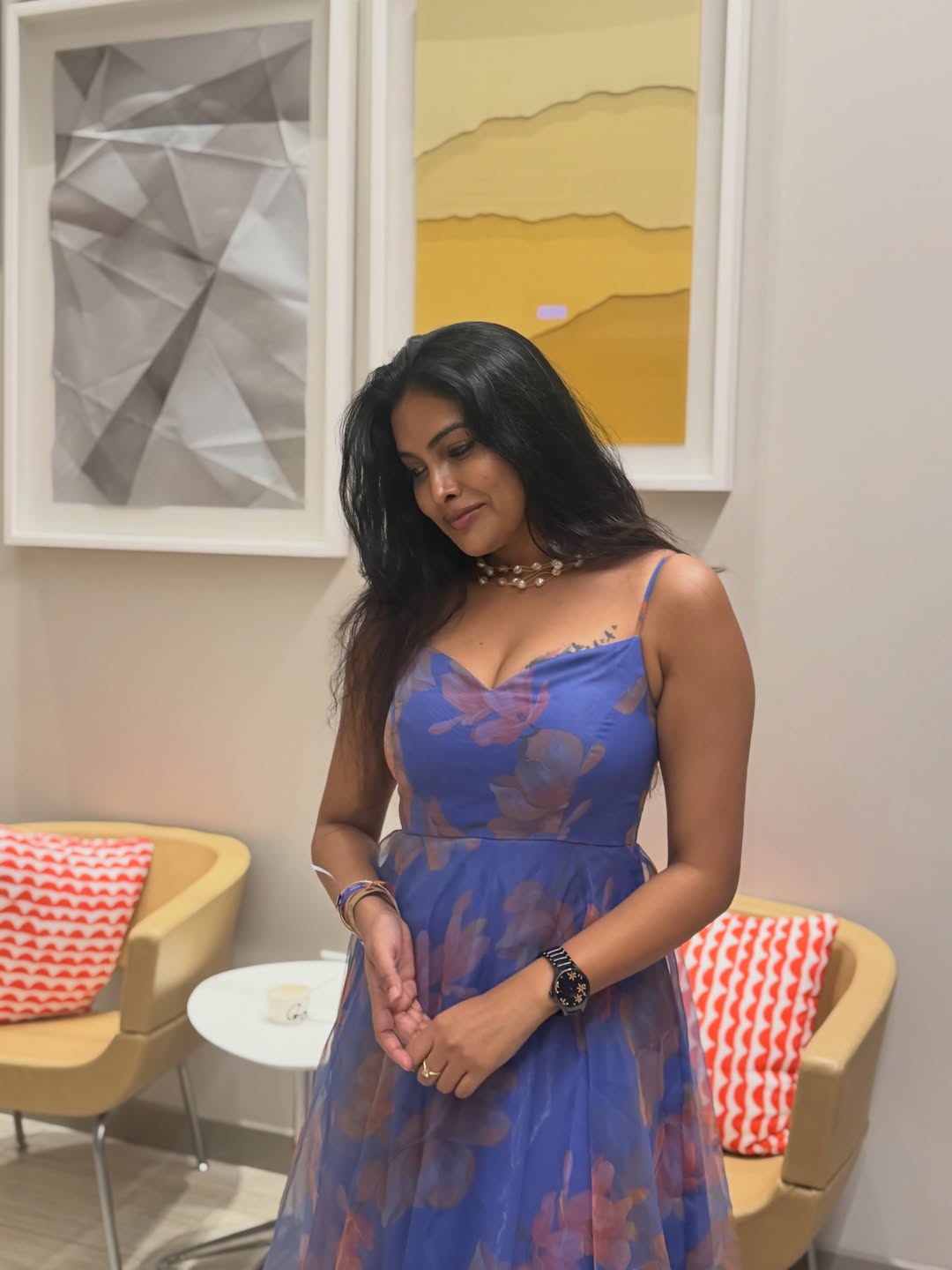 Divi Vadthya Stuns in Blue Floral Dress With Elegant Style